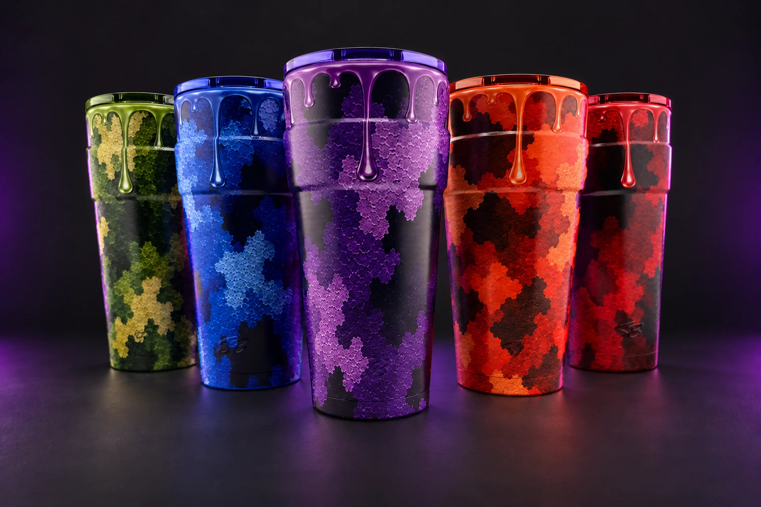 The Camo Drip Double Cup collection in green, blue, purple, orange and red