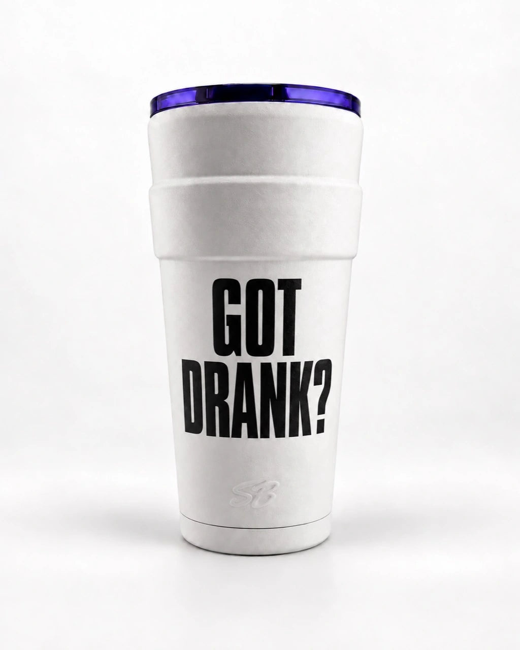 Got Drank? limited edition white Sippers Only with black lettering and a purple lid
