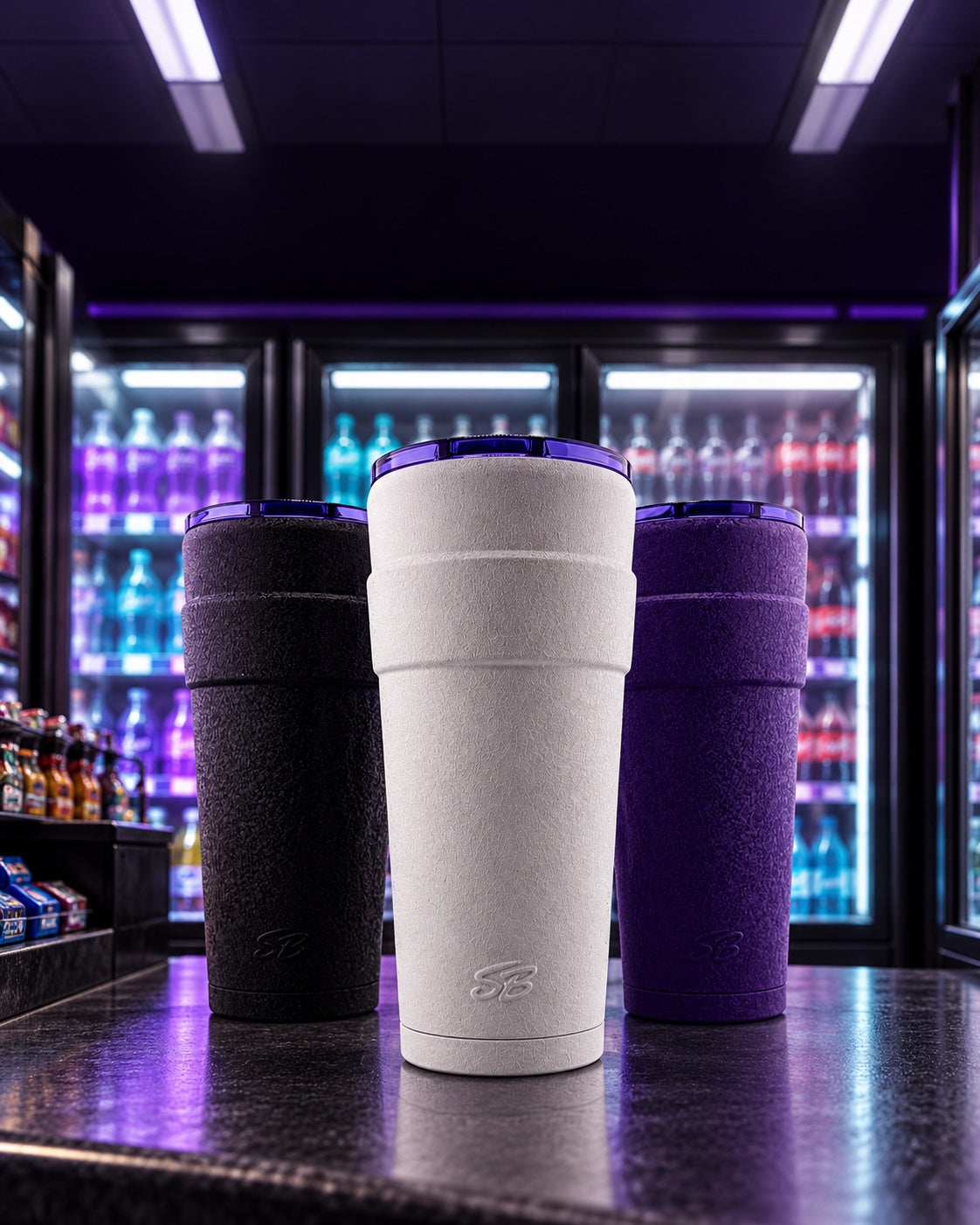 White, black and purple Sippers Only tumblers on a corner-store counter in front of illuminated refrigerators