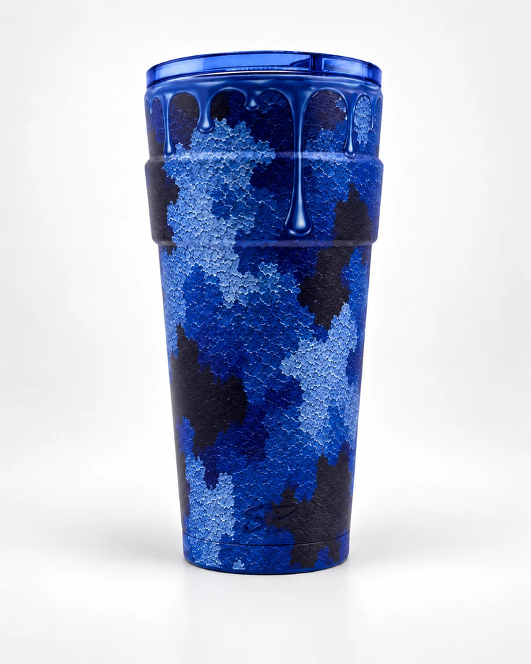 Camo Drip — Blue cup with matching translucent lid on a light studio background