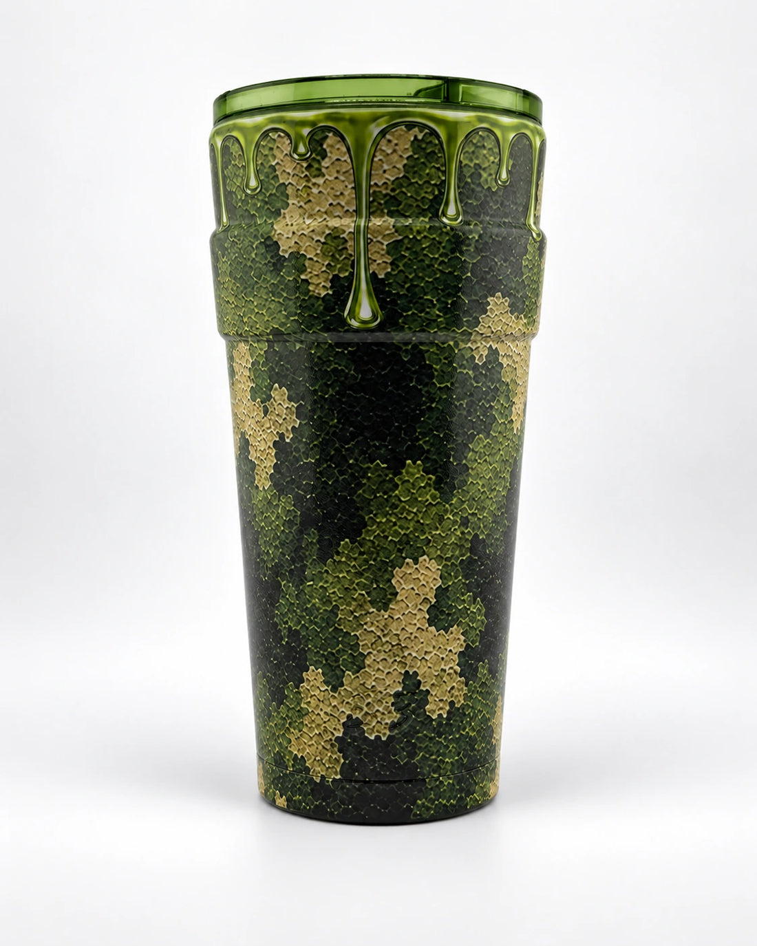 Camo Drip — Green cup with matching translucent lid on a light studio background