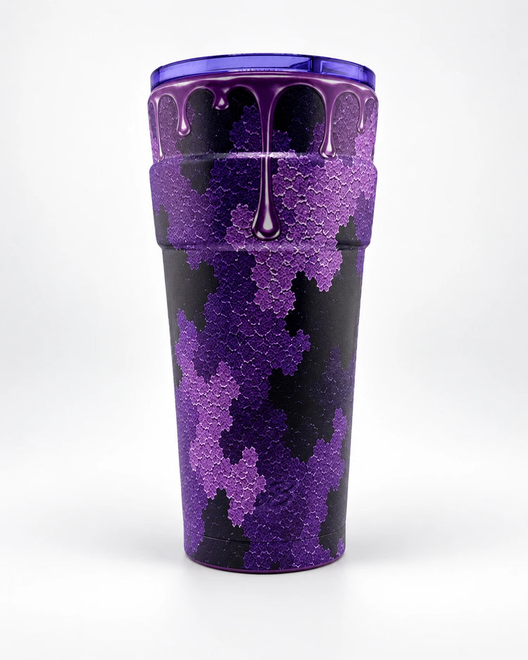 Camo Drip — Purple cup with raised drip detail on a light studio background