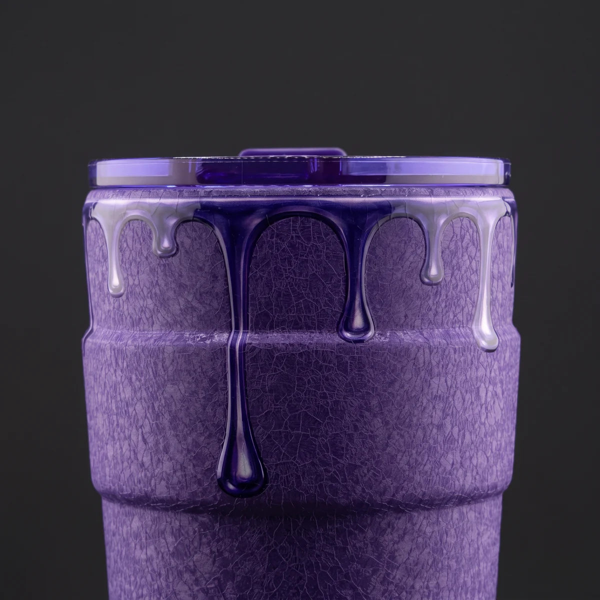 Close view of the Purple Drip tumbler and its finish
